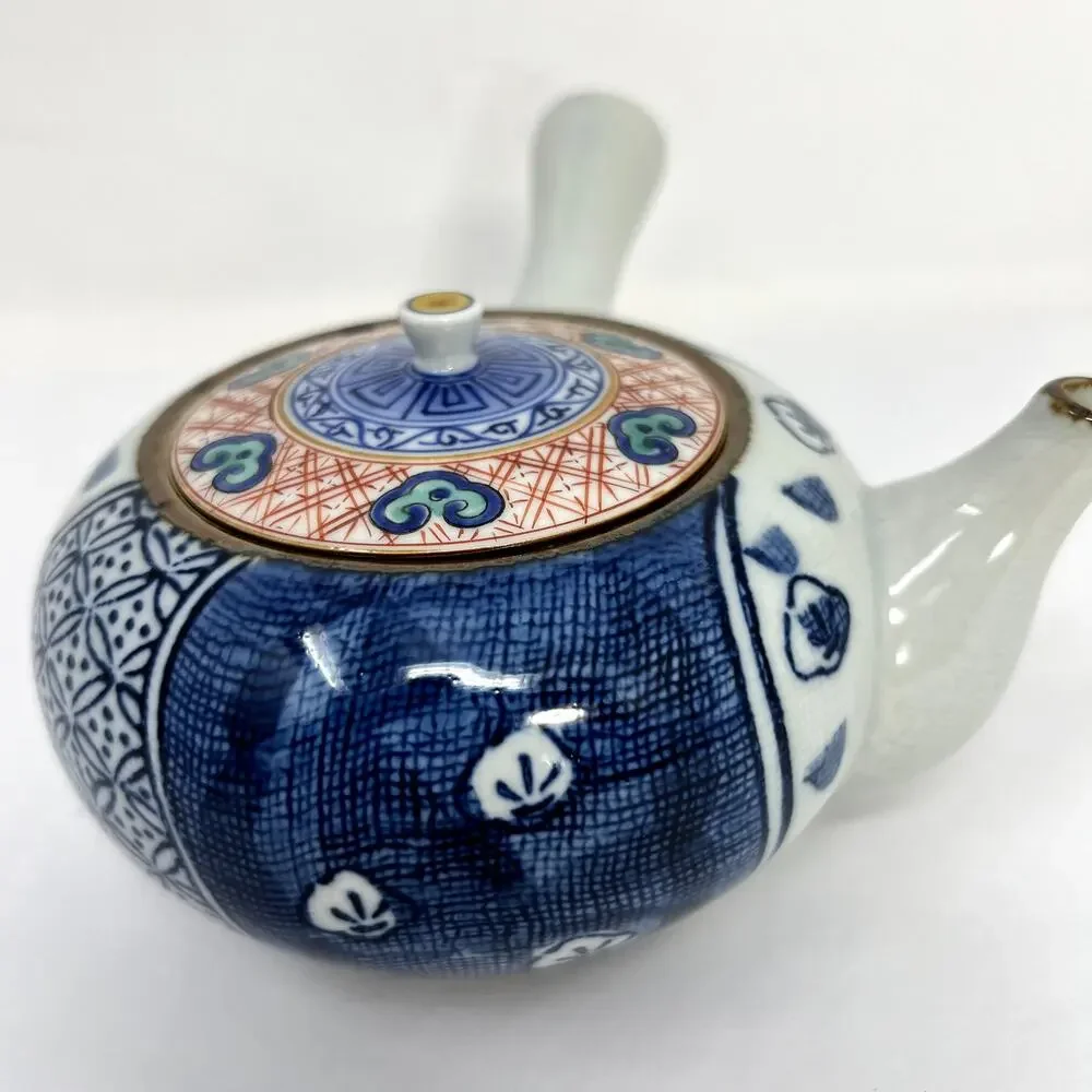 Japanese Blue White Kyusu Single Handle Teapot Geometric Art Asian Elegant Rare